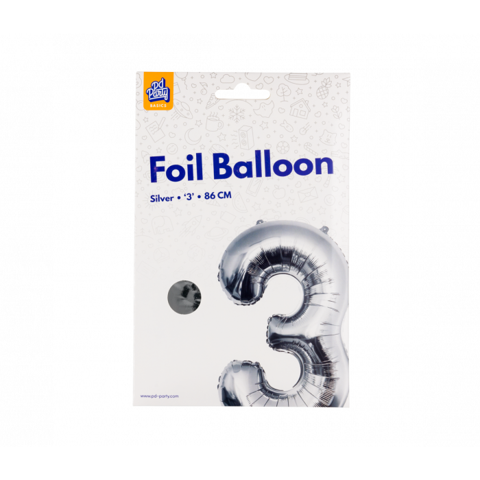 Foil Balloon 86 cm- nummer 3 zilver