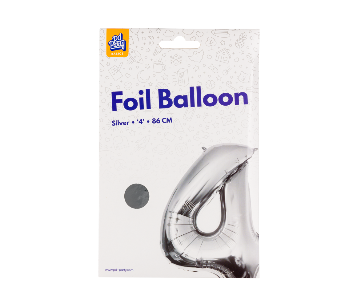 Foil Balloon 86 cm- nummer 4 zilver